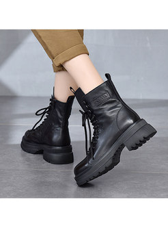 Rounded Toe Lace-up Black Heel Winter Short Boots