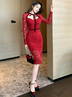 Square Neck Long Sleeve Lace Cocktail Dress