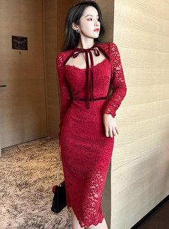 Square Neck Long Sleeve Lace Cocktail Dress