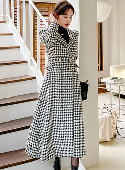 Lapel High Waisted Houndstooth A Line Long Peacoat