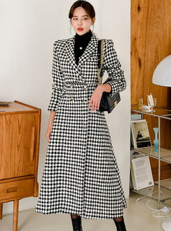 Lapel High Waisted Houndstooth A Line Long Peacoat