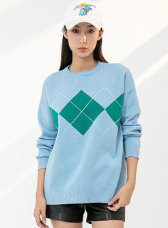 Crew Neck Rhombus Plaid Pullover Loose Sweater