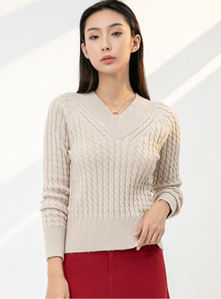 V-neck Long Sleeve Cable-knit Pullover Sweater