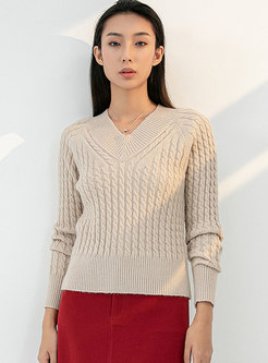 V-neck Long Sleeve Cable-knit Pullover Sweater
