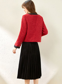 Crew Neck Patchwork Belted Cardigan & Pleated Maxi Skirt