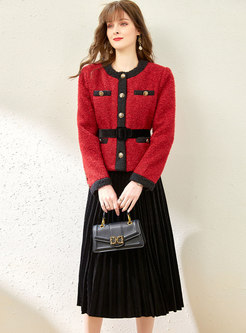 Crew Neck Patchwork Belted Cardigan & Pleated Maxi Skirt