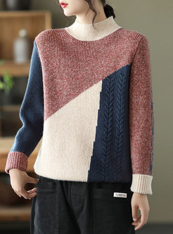 Color-blocked Pullover Cable-knit Loose Sweater
