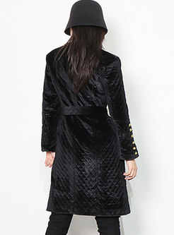 Black Velvet Knee-length Wrap Coat