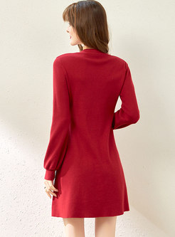 V-neck Long Sleeve Ruched Short Sweater Dress