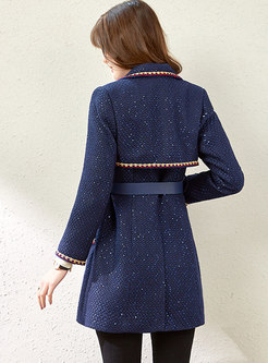 Lapel Tweed Sequin Patchwork Belted Slim Blazer