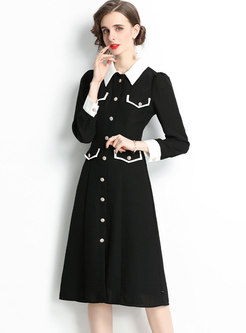 Color-blocked Puff Sleeve Midi Little Black Dress