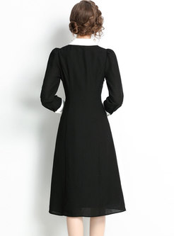 Color-blocked Puff Sleeve Midi Little Black Dress