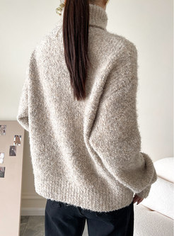 Brief Solid Turtleneck Pullover Loose Sweater