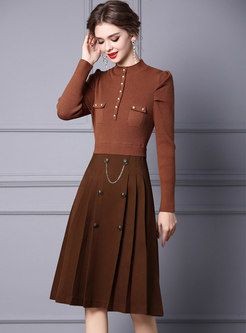 Long Sleeve Ribbed Sweater Patchwork A Line Dress