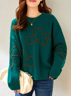 Long Sleeve Loose Print Pullover Wool Sweater