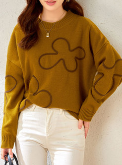Long Sleeve Loose Print Pullover Wool Sweater