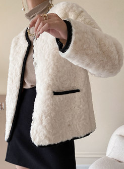 V-neck Faux Rabbit Cashmere Short Straight Coat