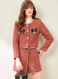 Crew Neck Houndstooth Velvet Bowknot Two Piece Outfits