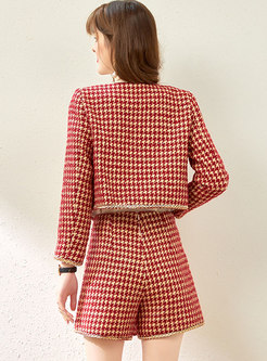 Crew Neck Houndstooth Velvet Bowknot Two Piece Outfits