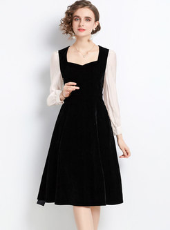 Color-blocked Long Sleeve A Line Black Dress