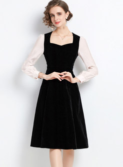 Color-blocked Long Sleeve A Line Black Dress