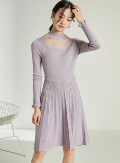 Long Sleeve Mesh Patchwork Pleated Sweater Dress