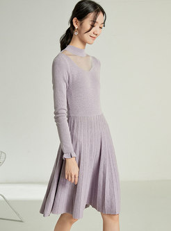 Long Sleeve Mesh Patchwork Pleated Sweater Dress