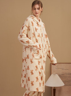 Hooded Bear Print Flannel Winter Pajama Set