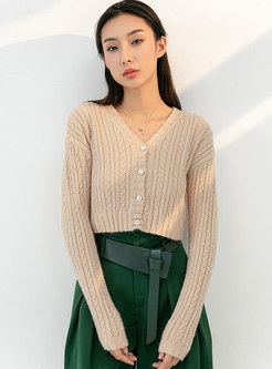 V-neck Long Sleeve Cable-knit Short Sweater Cardigan
