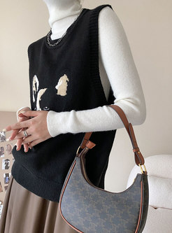 Crew Neck Animal Embroidered Pullover Sweater Vest