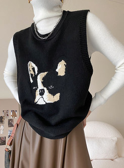 Crew Neck Animal Embroidered Pullover Sweater Vest