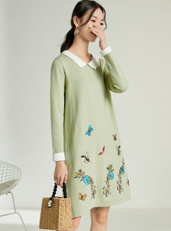 Long Sleeve Embroidered Shift Short Sweater Dress