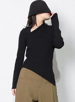 Black V-neck Asymmetric Backless Slim Sweater