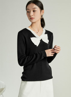 Color-blocked Bowknot Pullover Sweater