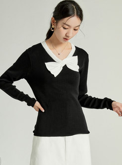 Color-blocked Bowknot Pullover Sweater