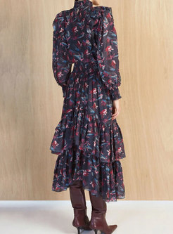 Long Sleeve Floral Asymmetric Ruffle Midi Dress