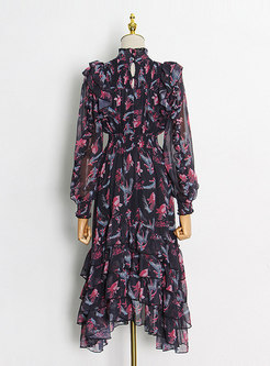 Long Sleeve Floral Asymmetric Ruffle Midi Dress