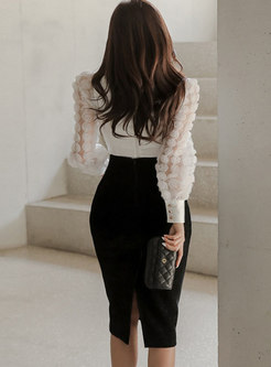 Square Neck Pullover Blouse & High Waisted Pencil Skirt