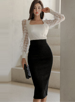 Square Neck Pullover Blouse & High Waisted Pencil Skirt