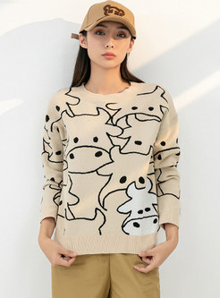 Animal Jacquard Crew Neck Loose Sweater