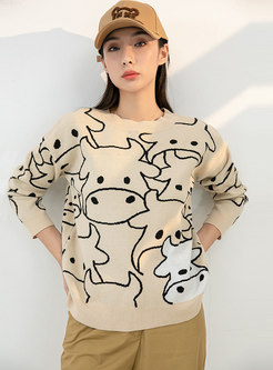 Animal Jacquard Crew Neck Loose Sweater