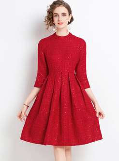 Red Sequin High Waisted Tweed Cocktail Dress