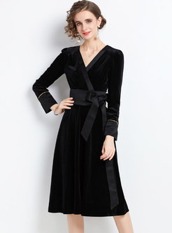 Black Long Sleeve High Waisted Velvet Dress