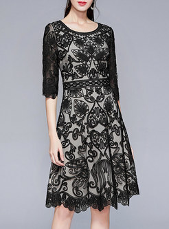 Half Sleeve Openwork Lace A Line Cocktail Dress
