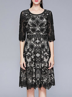 Half Sleeve Openwork Lace A Line Cocktail Dress