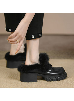 Rounded Toe Short Plush Lined Chunky Heel Loafers