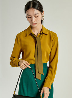 Long Sleeve Single-breasted Bowknot Blouse