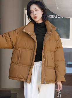 Mock Neck Straight Short Puffer Jacket With Bag