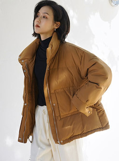 Mock Neck Straight Short Puffer Jacket With Bag