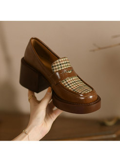 Retro Houndstooth Patchwork Leather Block Heel Loafers